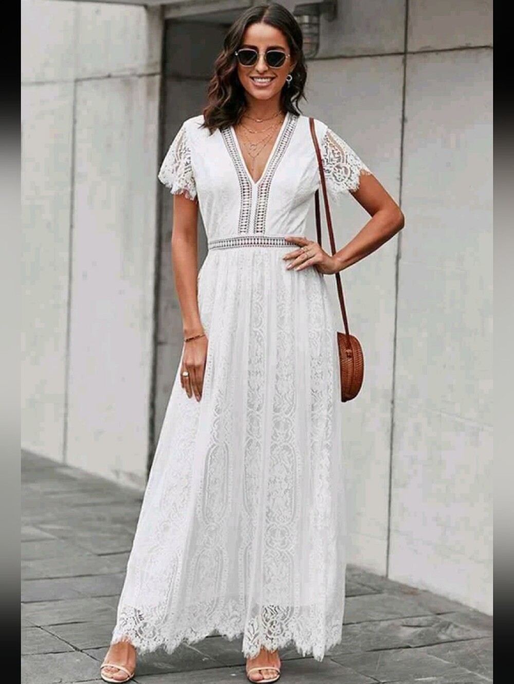 Bohemian Lace Bridal Photography Maxi Dress White Eyelet Lace Gorgeous sz L euc